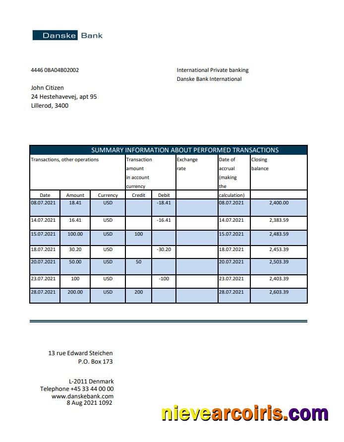 Denmark Danskebank bank statement easy to fill in Excel and PDF format
